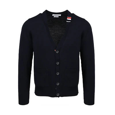 THOM BROWNE SS21 Wool V-Neck Sweater Navy Blue MKC313A-Y1002-415