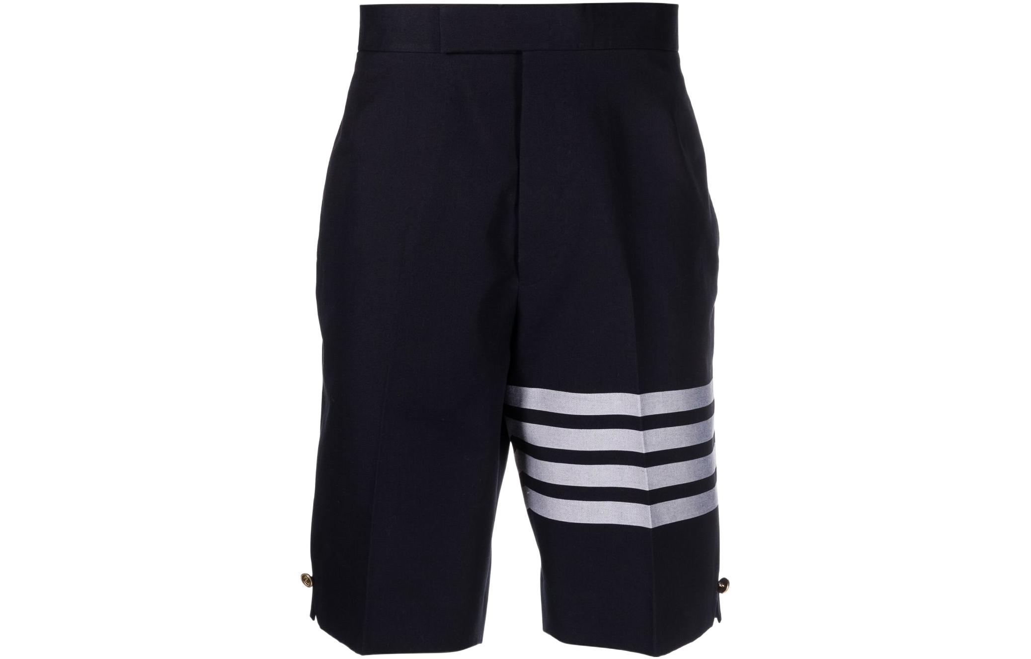 THOM BROWNE SS22  Blue Straight Shorts with Four-Stripe Print. MTC002H-07890-415