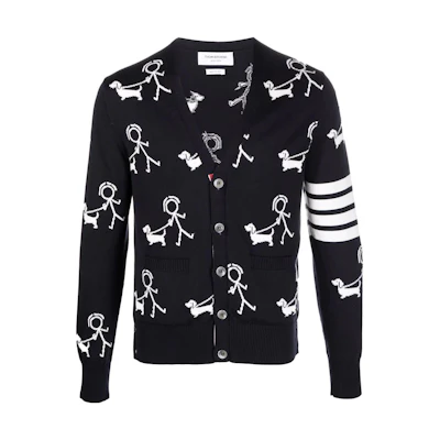 THOM BROWNE SS22 Blue Stripe Cartoon Print V-Neck Cardigan Sweater MKC392AY3007-415