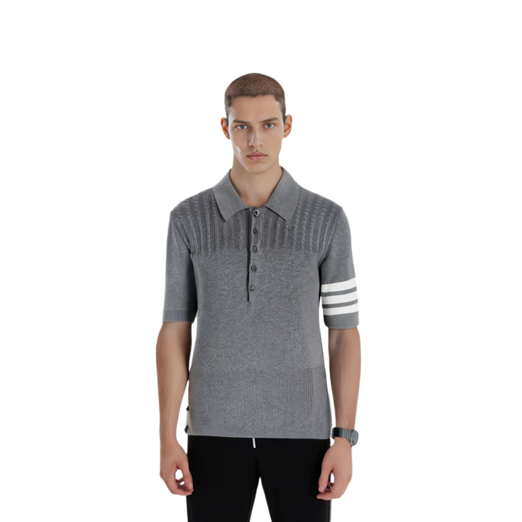 Details for THOM BROWNE SS22 色塊條紋針織POLO衫 灰色。 MKP077-AY3006-055