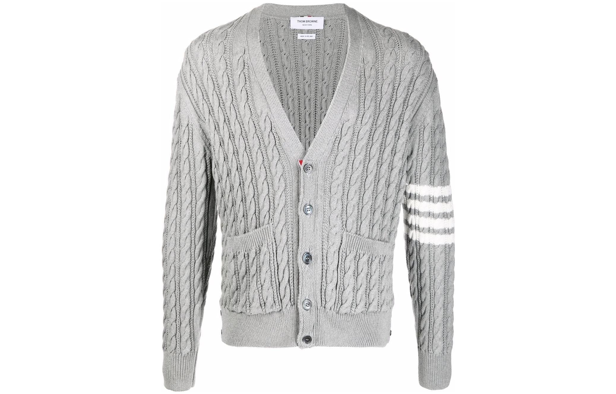 THOM BROWNE SS22  Gray 4-Bar V-Neck Cotton Cardigan Sweater. MKC396A-Y3017-055