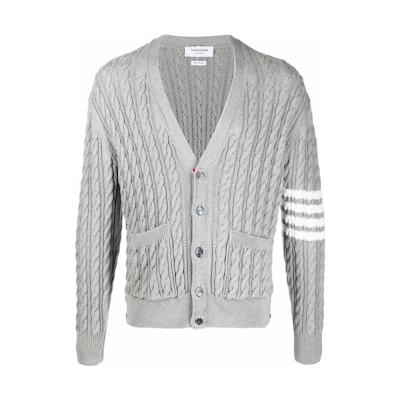 THOM BROWNE SS22 Gray 4-Bar V-Neck Cotton Cardigan Sweater. MKC396A-Y3017-055