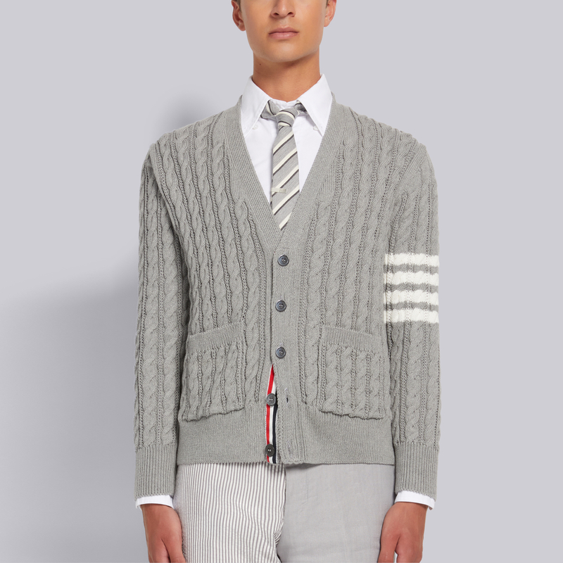 Purchase 汤姆布朗 SS22 灰色4杠V领棉质开衫毛衣 MKC396A-Y3017-055