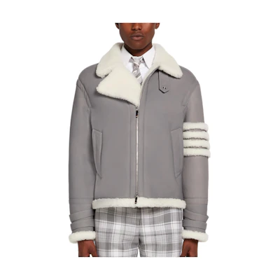 THOM BROWNE SS22 Gray Plush Leather Jacket with Four-Stripe Design. MJO160X-08015-035