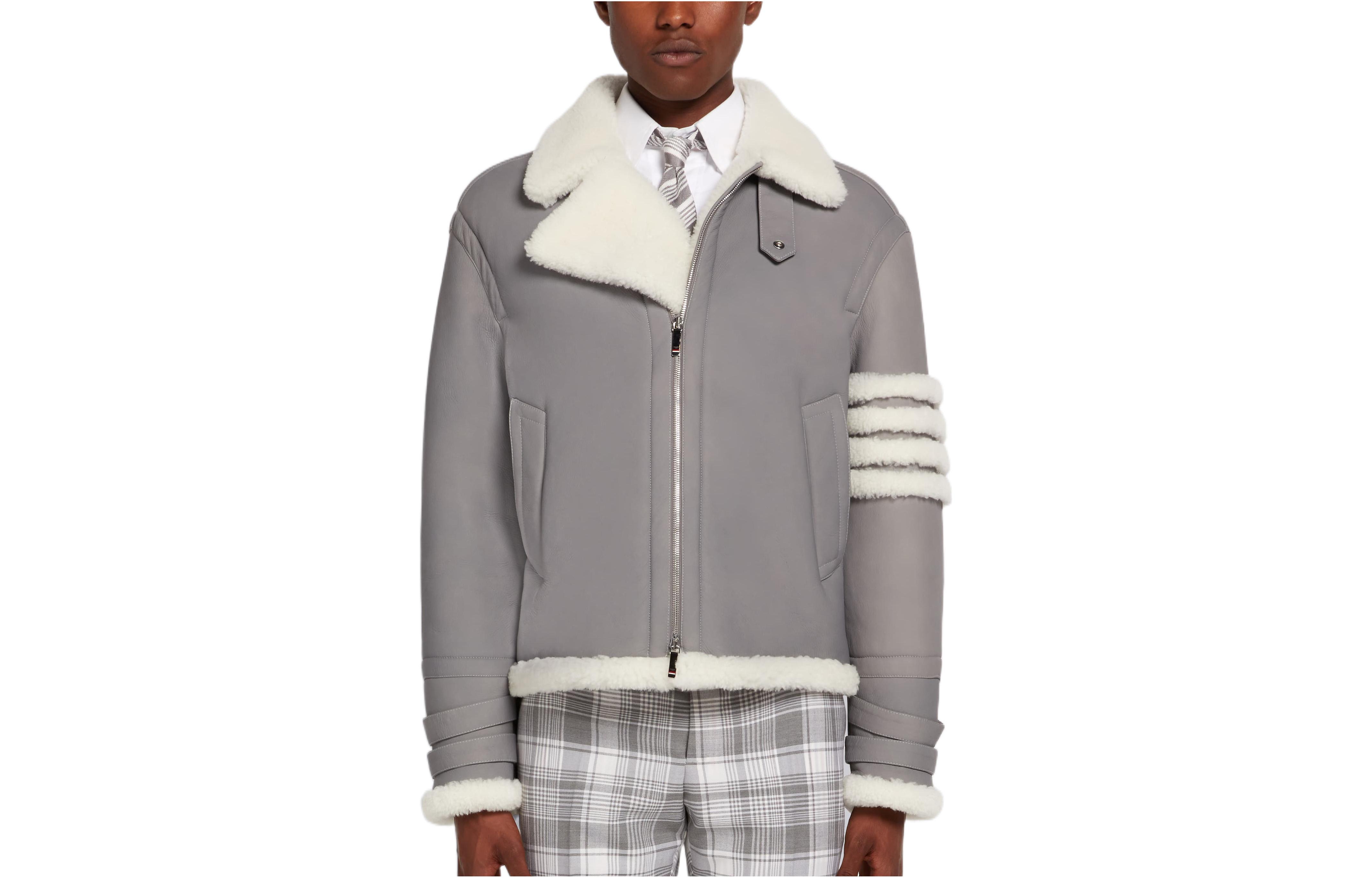 THOM BROWNE SS22  Gray Plush Leather Jacket with Four-Stripe Design. MJO160X-08015-035 圖 2