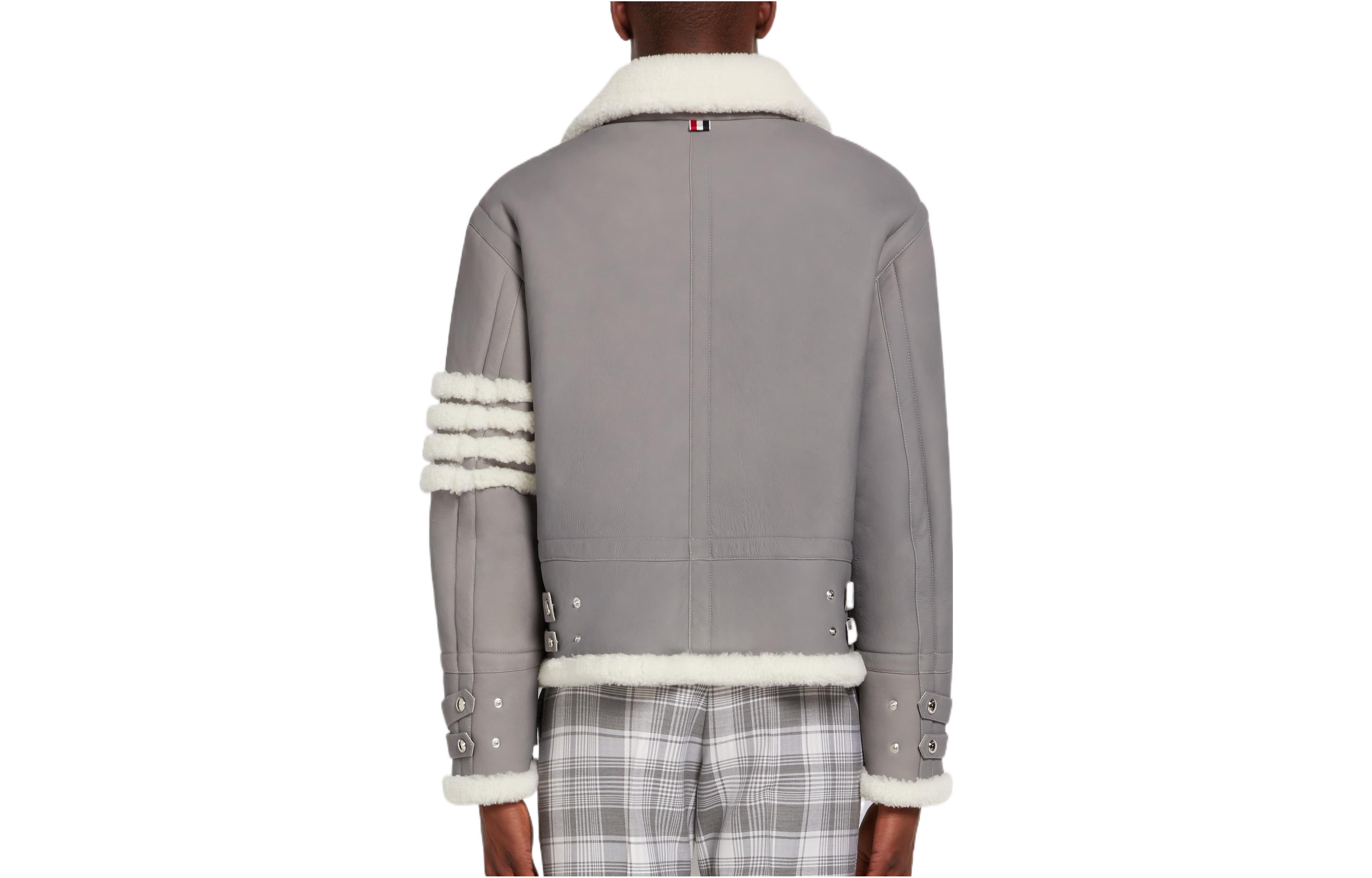 THOM BROWNE SS22  Gray Plush Leather Jacket with Four-Stripe Design. MJO160X-08015-035 圖 3