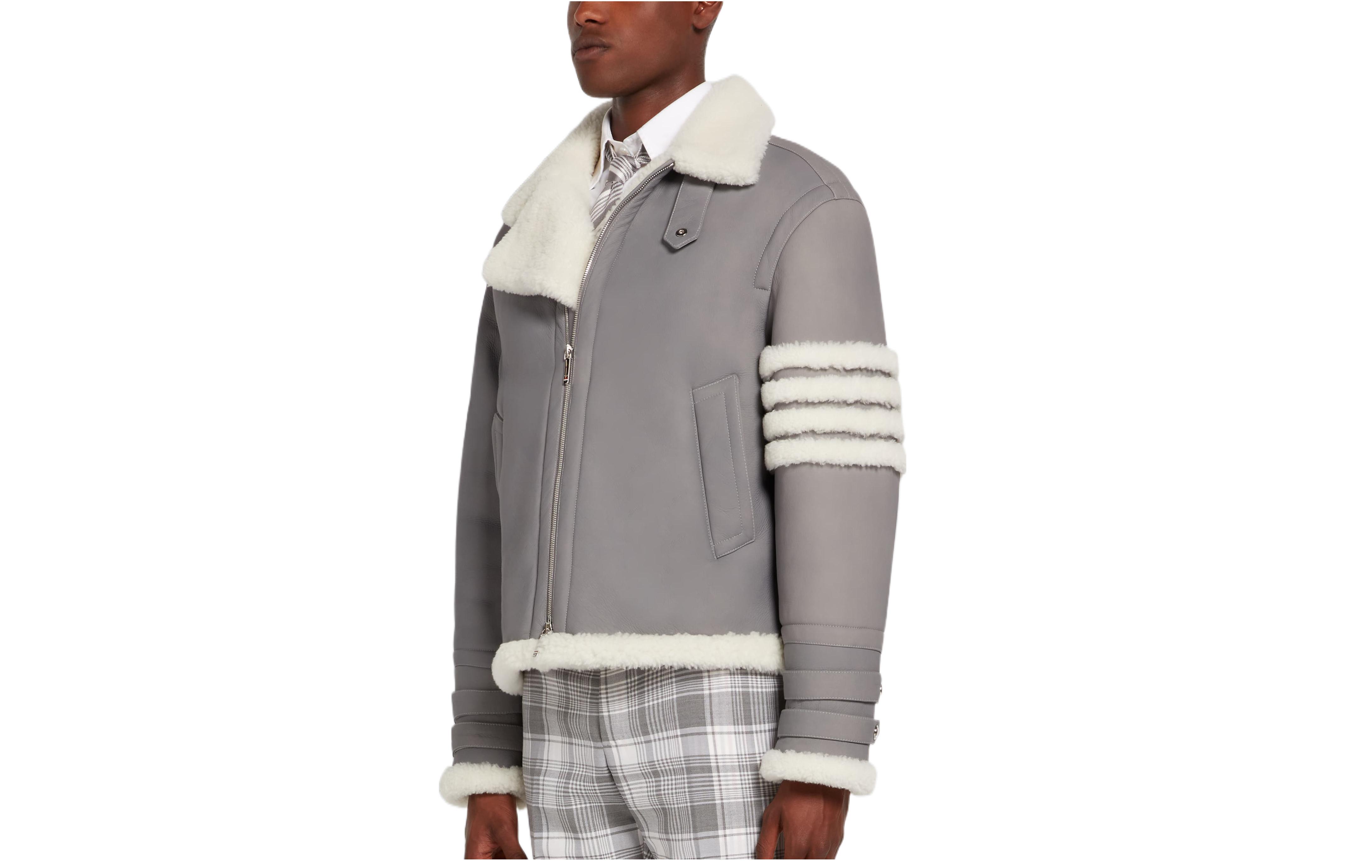 THOM BROWNE SS22  Gray Plush Leather Jacket with Four-Stripe Design. MJO160X-08015-035 圖 4