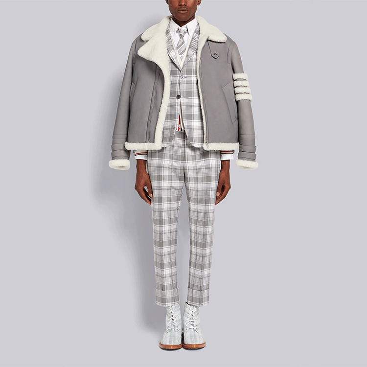 THOM BROWNE SS22  Gray Plush Leather Jacket with Four-Stripe Design. MJO160X-08015-035 圖 5