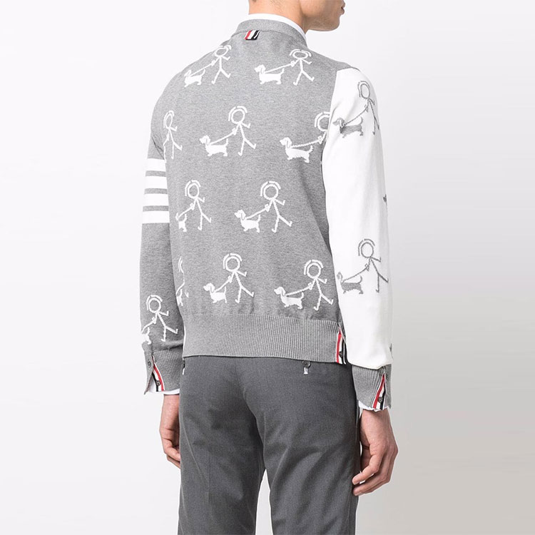 Shop Thom Browne SS22 灰色4道杠单排扣V领针织开衫毛衣 MKC392F-Y3007-996