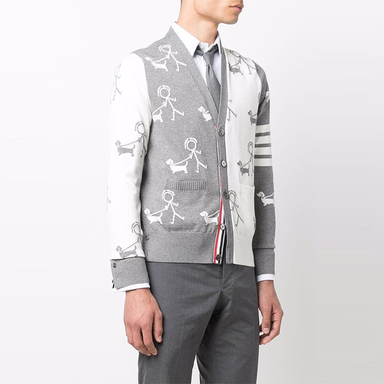 Purchase Thom Browne SS22 灰色4道杠单排扣V领针织开衫毛衣 MKC392F-Y3007-996