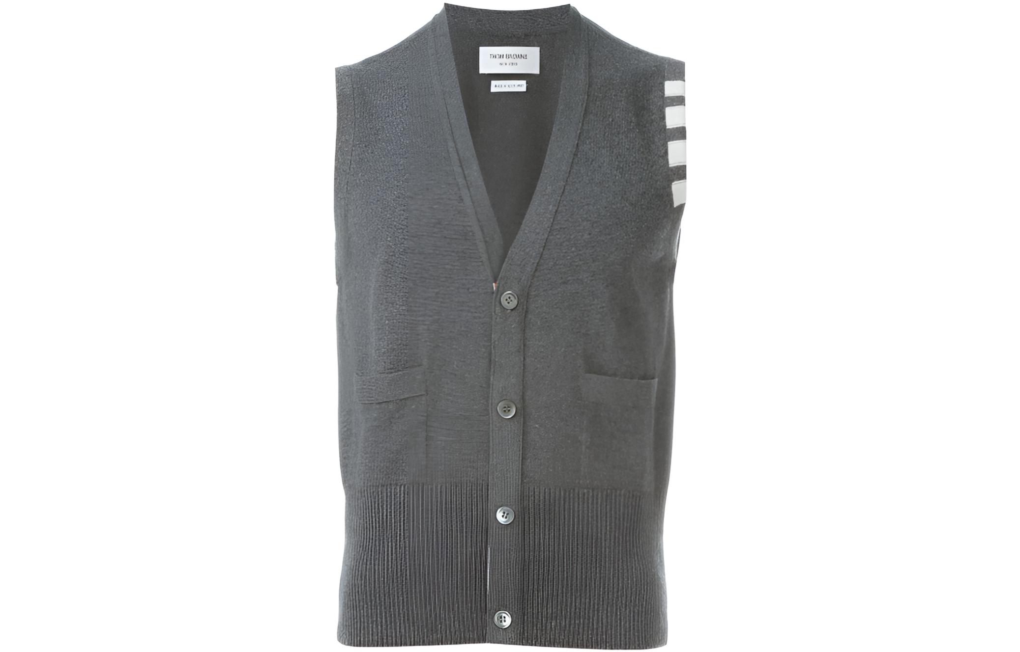 THOM BROWNE SS22  Grey Cashmere V-Neck Sweater Vest with Stripe Cuffs MKV001A-00011-055
