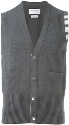 THOM BROWNE SS22 Grey Cashmere V-Neck Sweater Vest with Stripe Cuffs MKV001A-00011-055 Buy THOM BROWNE SS22 Grey Cashmere V-Neck Sweater Vest with Stripe Cuffs MKV001A-00011-055