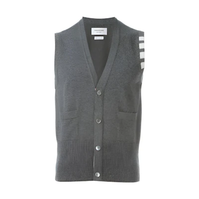 THOM BROWNE SS22 Grey Cashmere V-Neck Sweater Vest with Stripe Cuffs MKV001A-00011-055