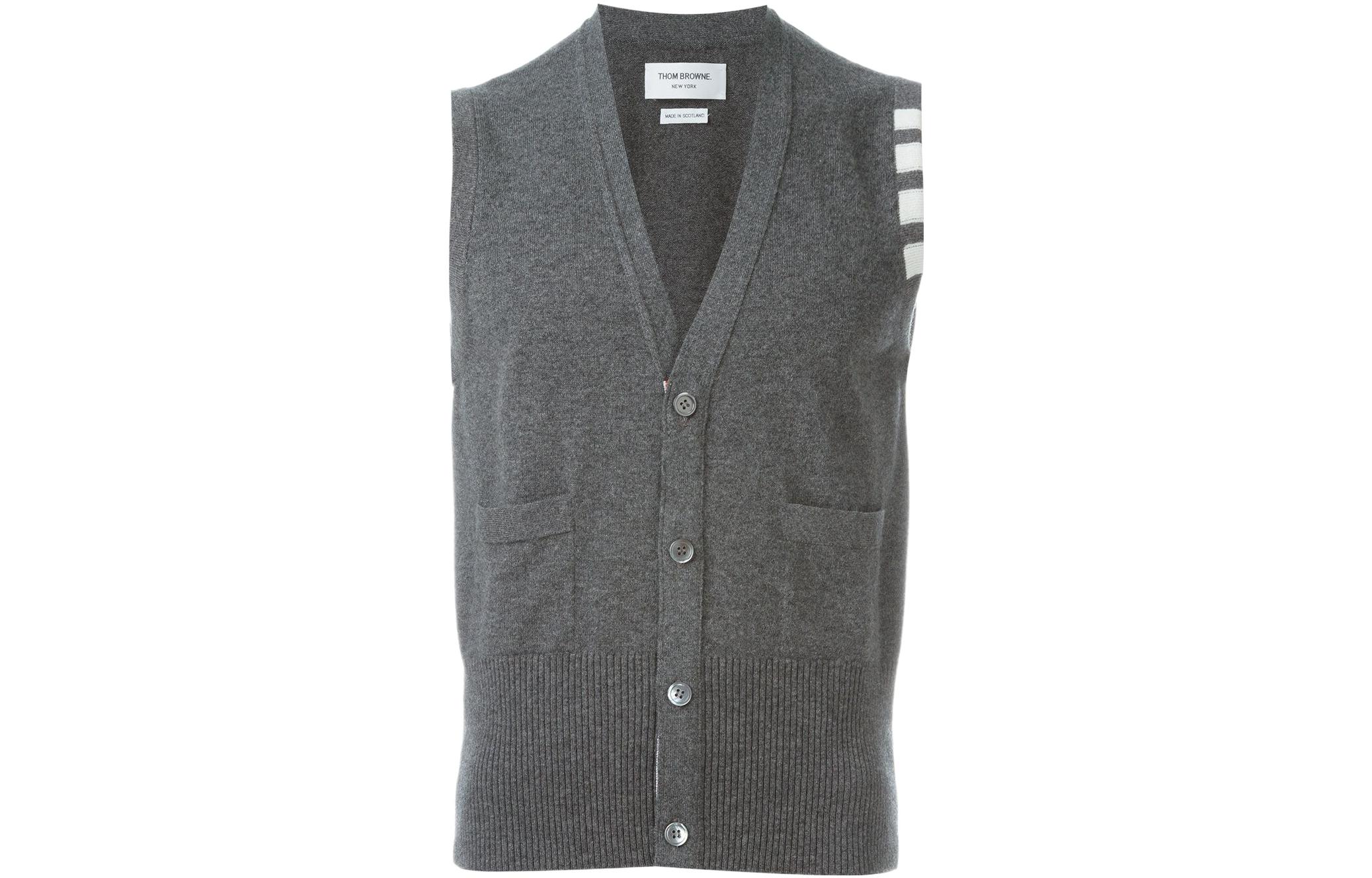 Order THOM BROWNE SS22  Grey Cashmere V-Neck Sweater Vest with Stripe Cuffs MKV001A-00011-055