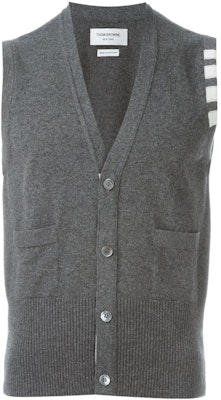 THOM BROWNE SS22 Grey Cashmere V-Neck Sweater Vest with Stripe Cuffs MKV001A-00011-055 Order THOM BROWNE SS22 Grey Cashmere V-Neck Sweater Vest with Stripe Cuffs MKV001A-00011-055