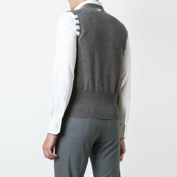 Shop THOM BROWNE SS22  Grey Cashmere V-Neck Sweater Vest with Stripe Cuffs MKV001A-00011-055