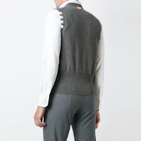 Shop THOM BROWNE SS22 Grey Cashmere V-Neck Sweater Vest with Stripe Cuffs MKV001A-00011-055