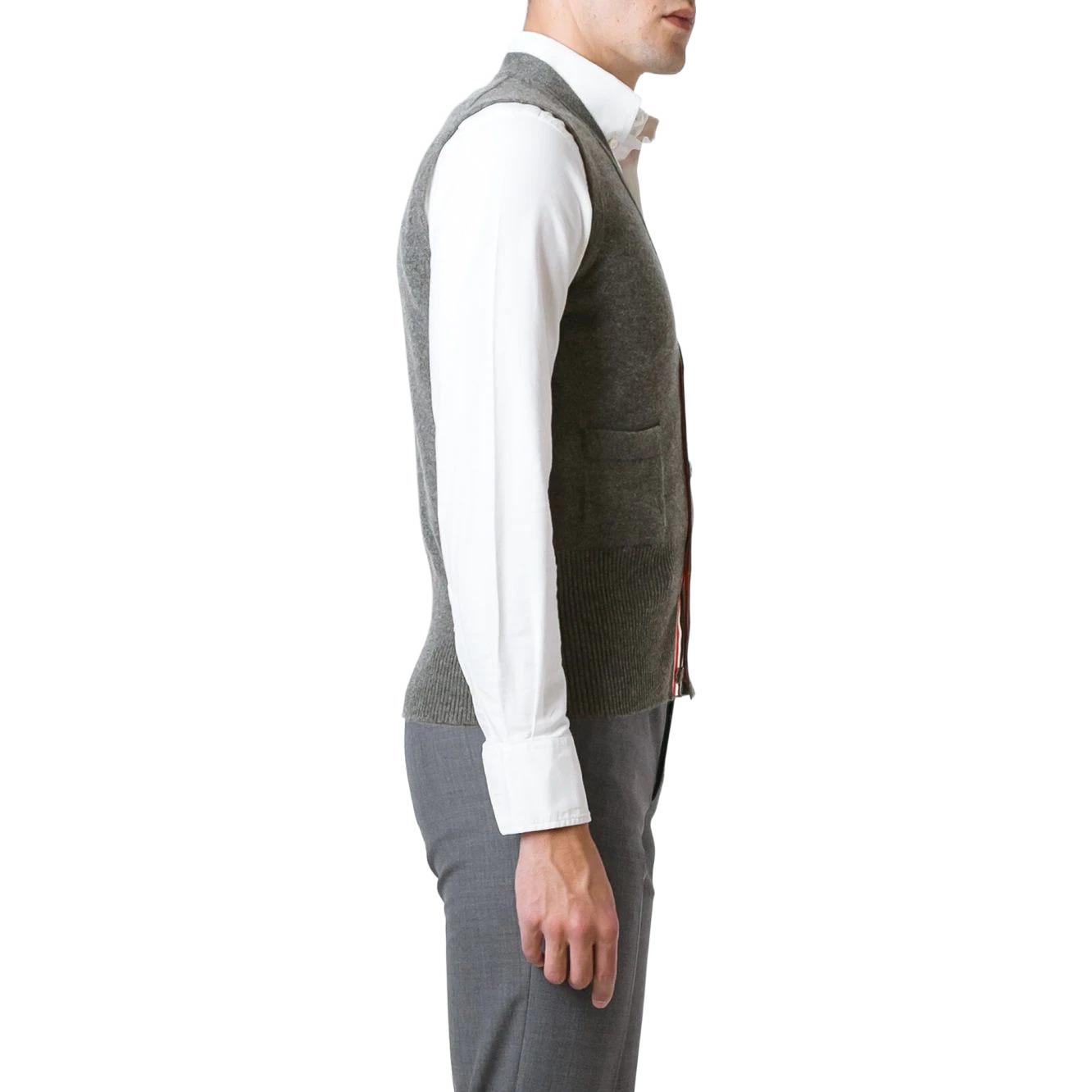 Purchase THOM BROWNE SS22  Grey Cashmere V-Neck Sweater Vest with Stripe Cuffs MKV001A-00011-055