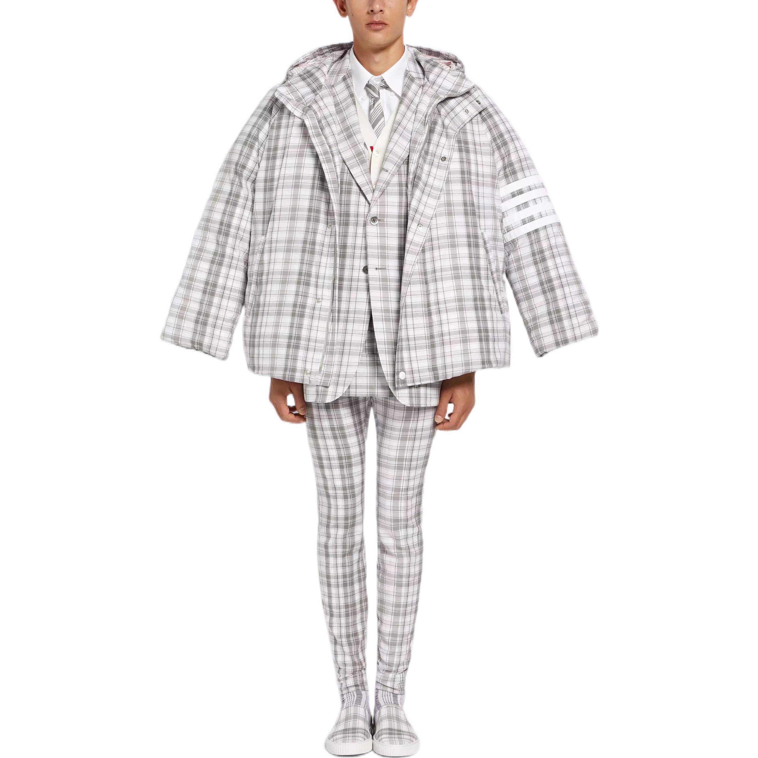 Shop THOM BROWNE SS22 Jaket Down Abu-Abu Kotak-Kotak. MOD072X-07848-035