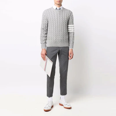 Thom Browne SS22 Grey Four-Stripe Chunky Knit Sweater MKA402A-Y3017-055 Lookbook Thom Browne SS22 Grey Four-Stripe Chunky Knit Sweater MKA402A-Y3017-055