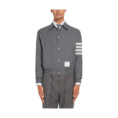THOM BROWNE SS22 Grey Single-Breasted 4-Stripe Logo Flight Jacket. MJO155A-06146-035