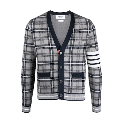 Thom Browne SS22 Grey V-Neck Knit Cardigan with Signature Striped Design. MKC407A-Y3504-035