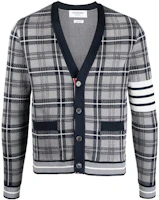 Order Thom Browne SS22 Grey V-Neck Knit Cardigan with Signature Striped Design. MKC407A-Y3504-035