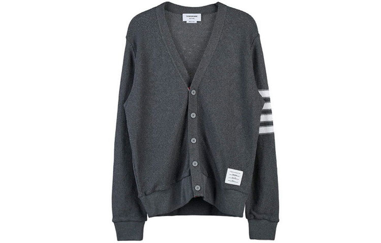 Buy Thom Browne SS22  Grey V-Neck Striped Cardigan Sweater. MJT306A-07897-035