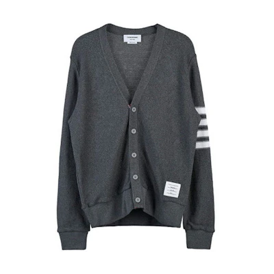 Thom Browne SS22 Grey V-Neck Striped Cardigan Sweater. MJT306A-07897-035