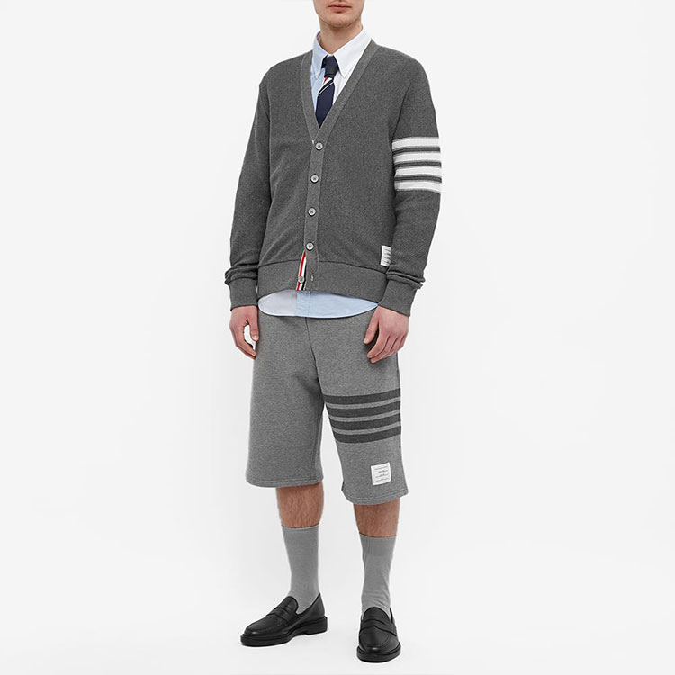Lookbook Thom Browne SS22  Grey V-Neck Striped Cardigan Sweater. MJT306A-07897-035