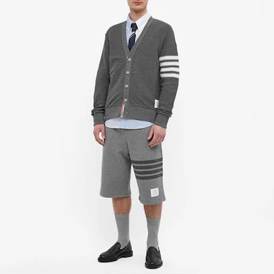 Thom Browne SS22 Grey V-Neck Striped Cardigan Sweater. MJT306A-07897-035 Lookbook Thom Browne SS22 Grey V-Neck Striped Cardigan Sweater. MJT306A-07897-035