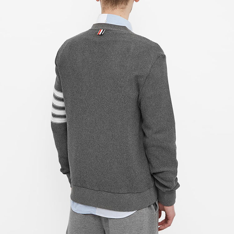 Shop Thom Browne SS22  Grey V-Neck Striped Cardigan Sweater. MJT306A-07897-035