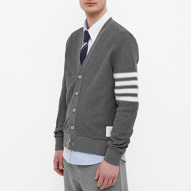 Purchase Thom Browne SS22  Grey V-Neck Striped Cardigan Sweater. MJT306A-07897-035