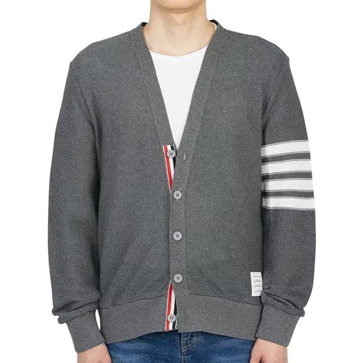 Sizing Thom Browne SS22  Grey V-Neck Striped Cardigan Sweater. MJT306A-07897-035
