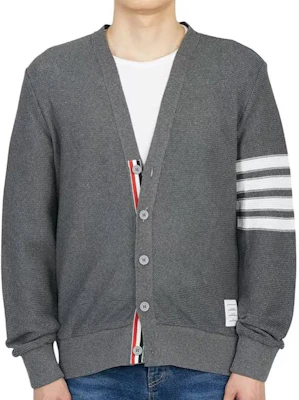 Thom Browne SS22 Grey V-Neck Striped Cardigan Sweater. MJT306A-07897-035 Sizing Thom Browne SS22 Grey V-Neck Striped Cardigan Sweater. MJT306A-07897-035
