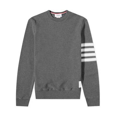 Thom Browne SS22 Grey Waffle Knit Crewneck Sweater with Stripe Details. MJT305A-07897-035