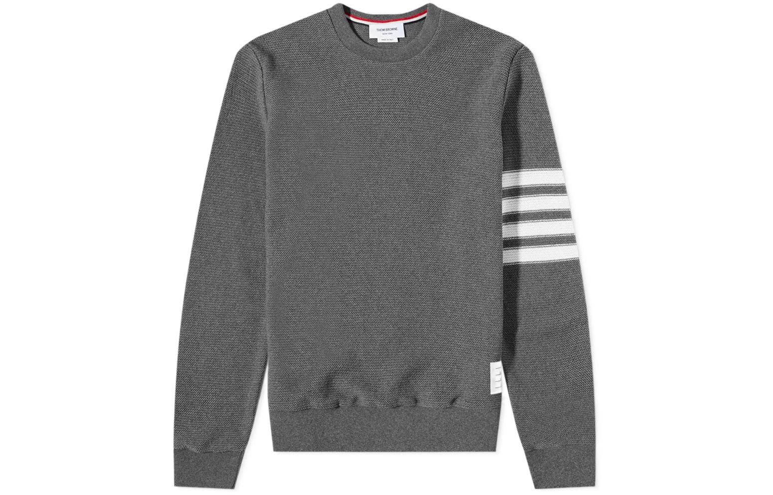 Order Thom Browne SS22  Grey Waffle Knit Crewneck Sweater with Stripe Details. MJT305A-07897-035