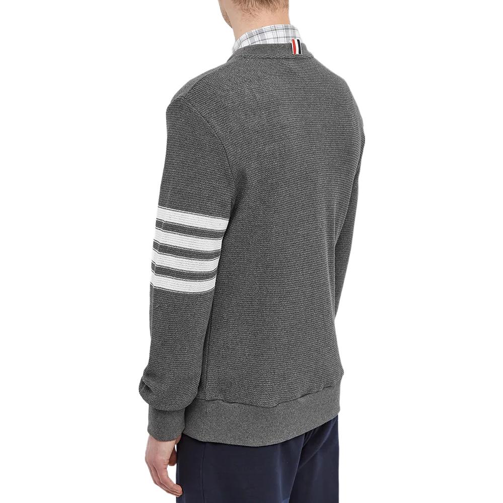 Shop Thom Browne SS22  Grey Waffle Knit Crewneck Sweater with Stripe Details. MJT305A-07897-035