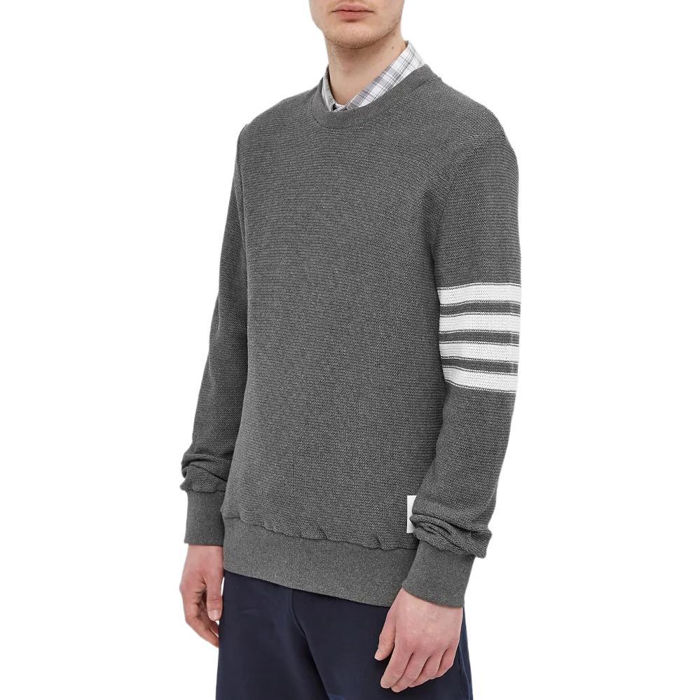 Purchase Thom Browne SS22  Grey Waffle Knit Crewneck Sweater with Stripe Details. MJT305A-07897-035