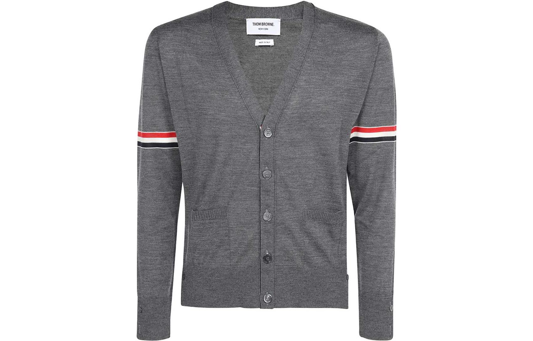 Thom Browne SS22  Grey Wool V-Neck Sweater with Classic Red White Blue Stripes MKC410A-Y1014-035