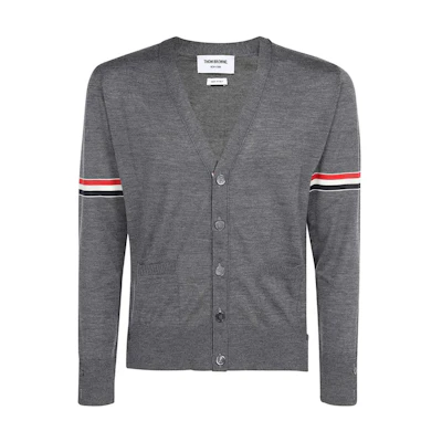 Thom Browne SS22 Grey Wool V-Neck Sweater with Classic Red White Blue Stripes MKC410A-Y1014-035