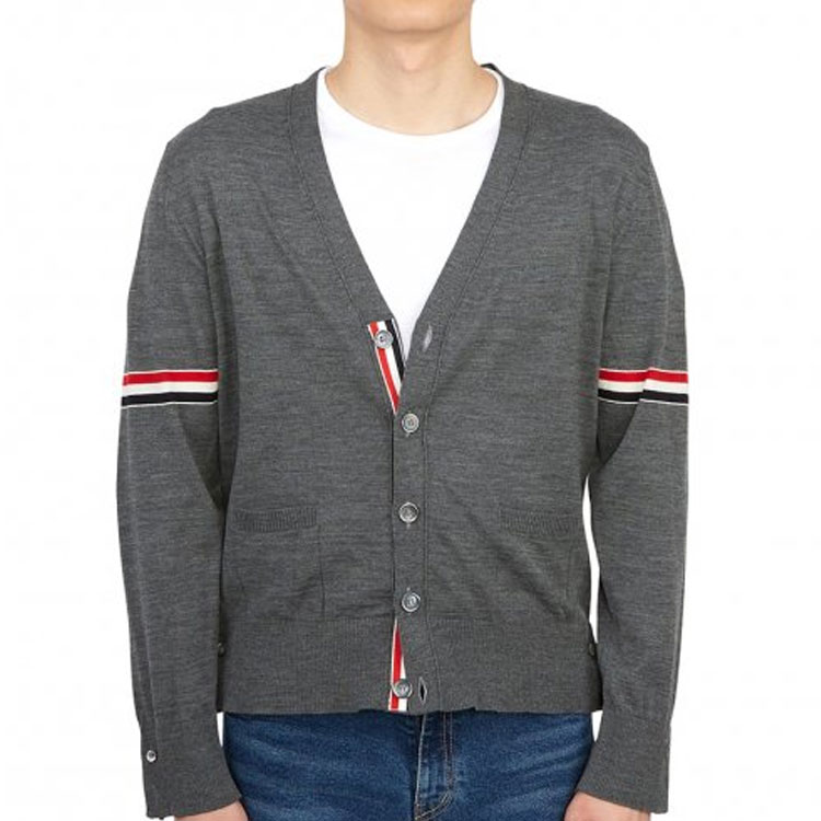 Thom Browne SS22  Grey Wool V-Neck Sweater with Classic Red White Blue Stripes MKC410A-Y1014-035 圖 4