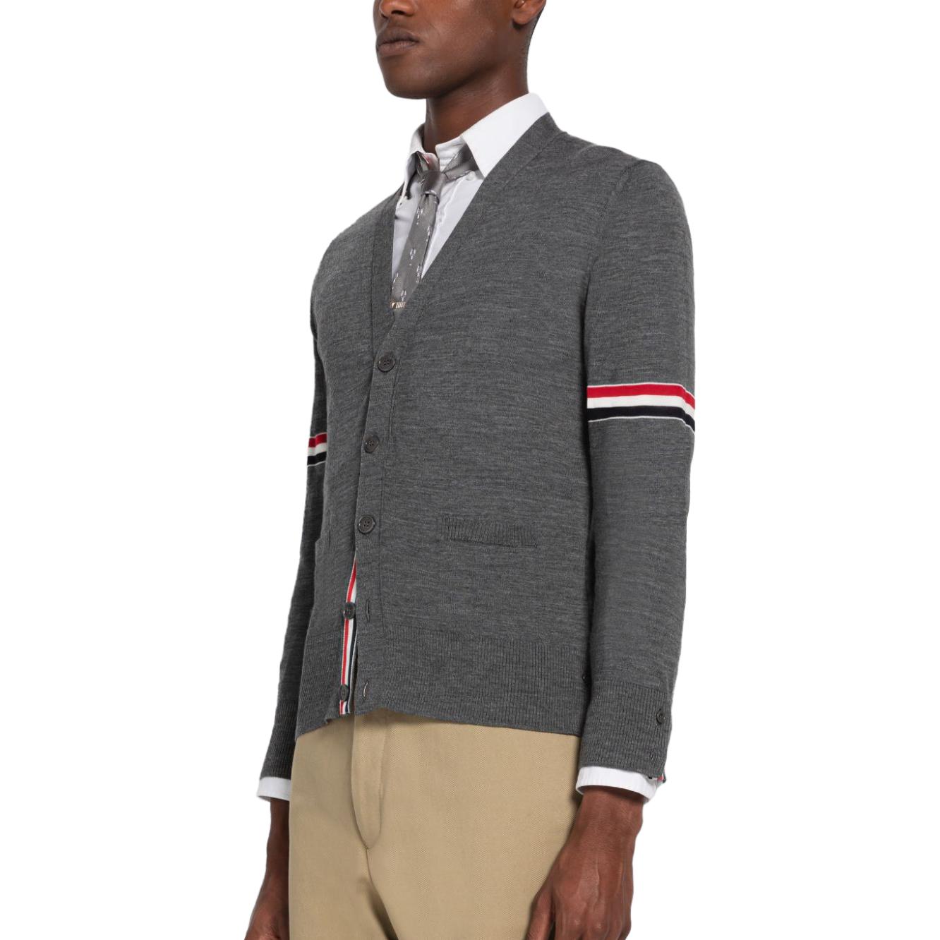 Thom Browne SS22  Grey Wool V-Neck Sweater with Classic Red White Blue Stripes MKC410A-Y1014-035 圖 5