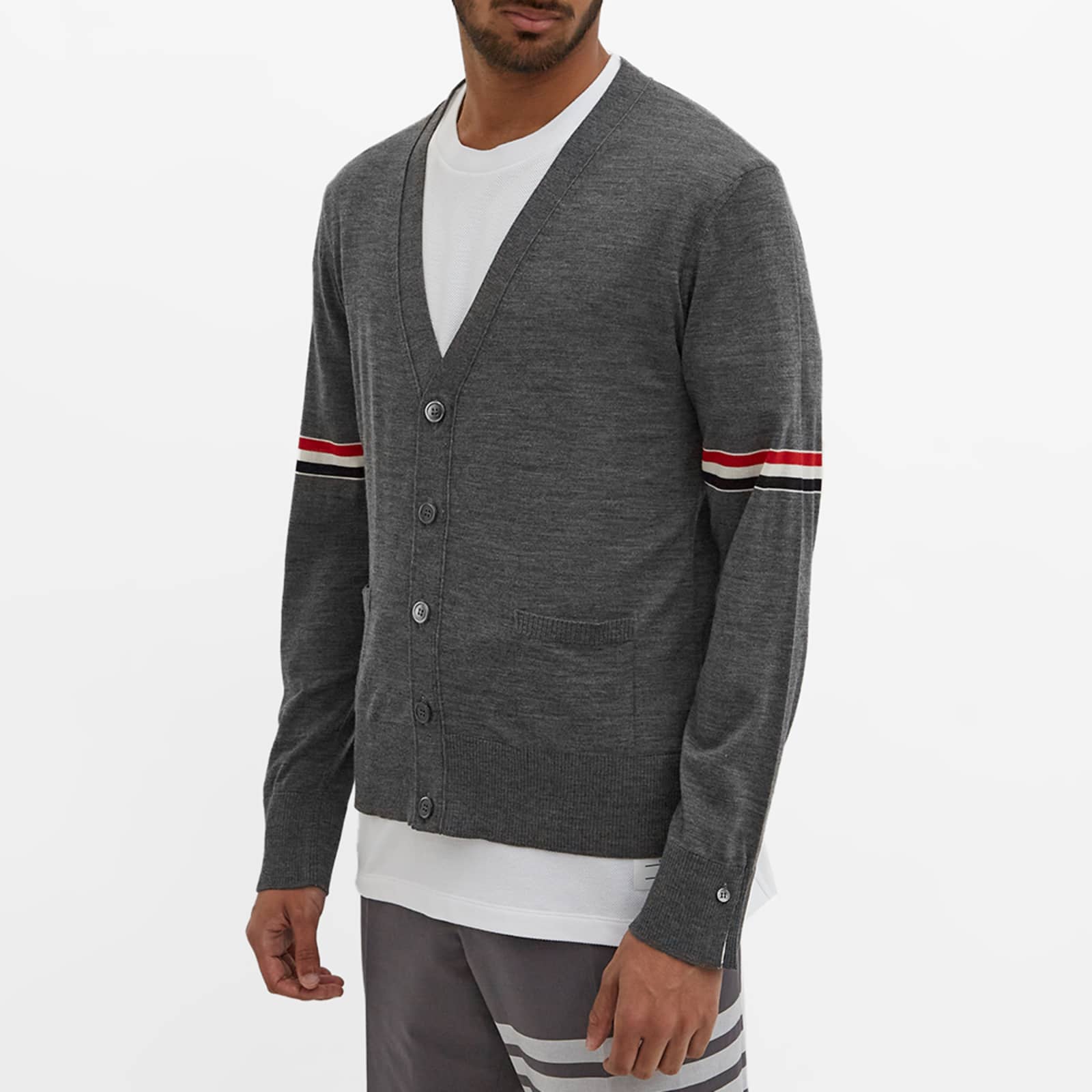 Thom Browne SS22  Grey Wool V-Neck Sweater with Classic Red White Blue Stripes MKC410A-Y1014-035 圖 9