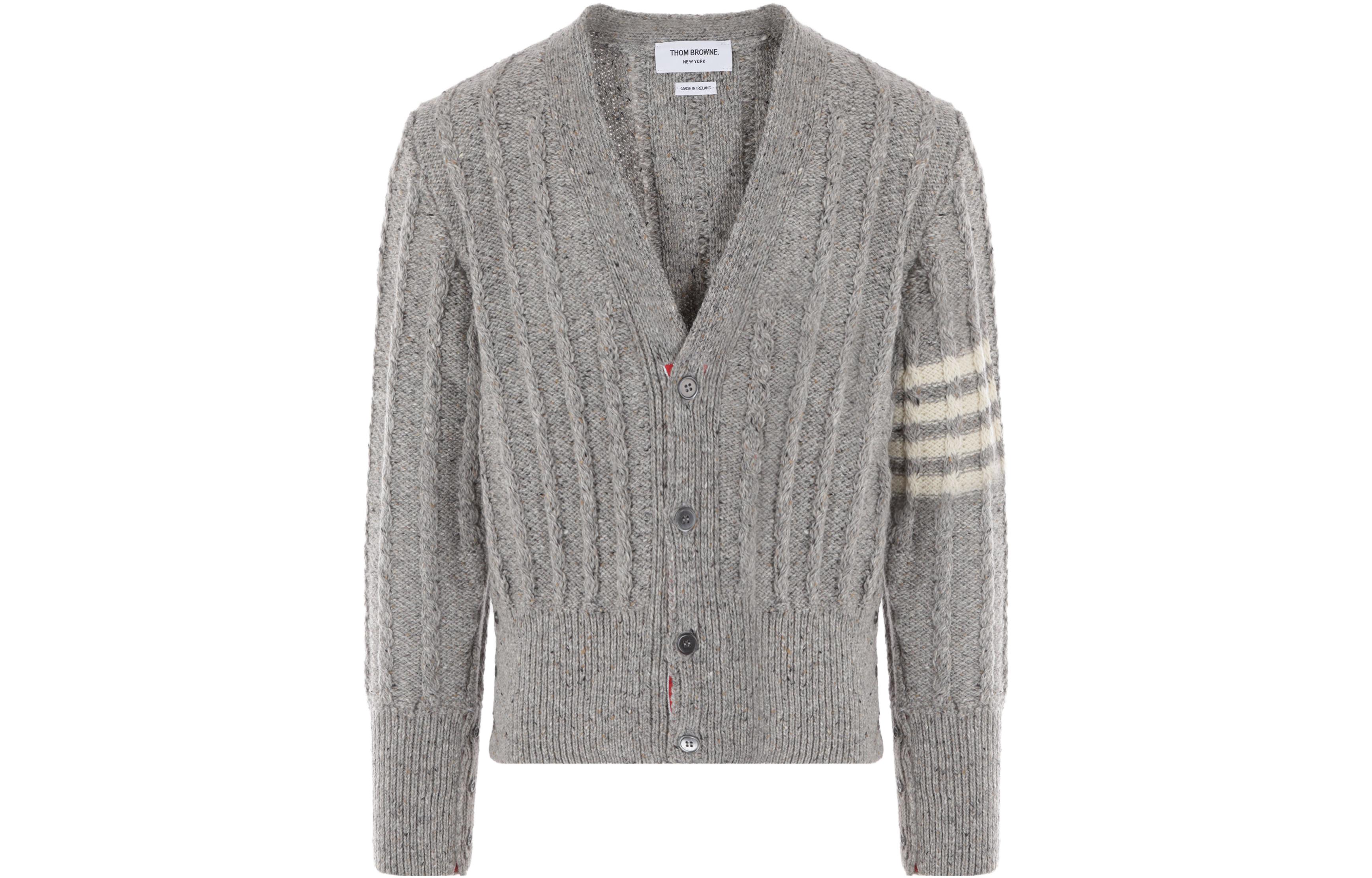 THOM BROWNE SS22  Ivy Style V-Neck Four-Bar Grey Knitted Cardigan Sweater. MKC486B-Y1506-055