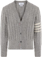 THOM BROWNE SS22 Ivy Style V-Neck Four-Bar Grey Knitted Cardigan Sweater. MKC486B-Y1506-055 THOM BROWNE SS22 Ivy Style V-Neck Four-Bar Grey Knitted Cardigan Sweater. MKC486B-Y1506-055