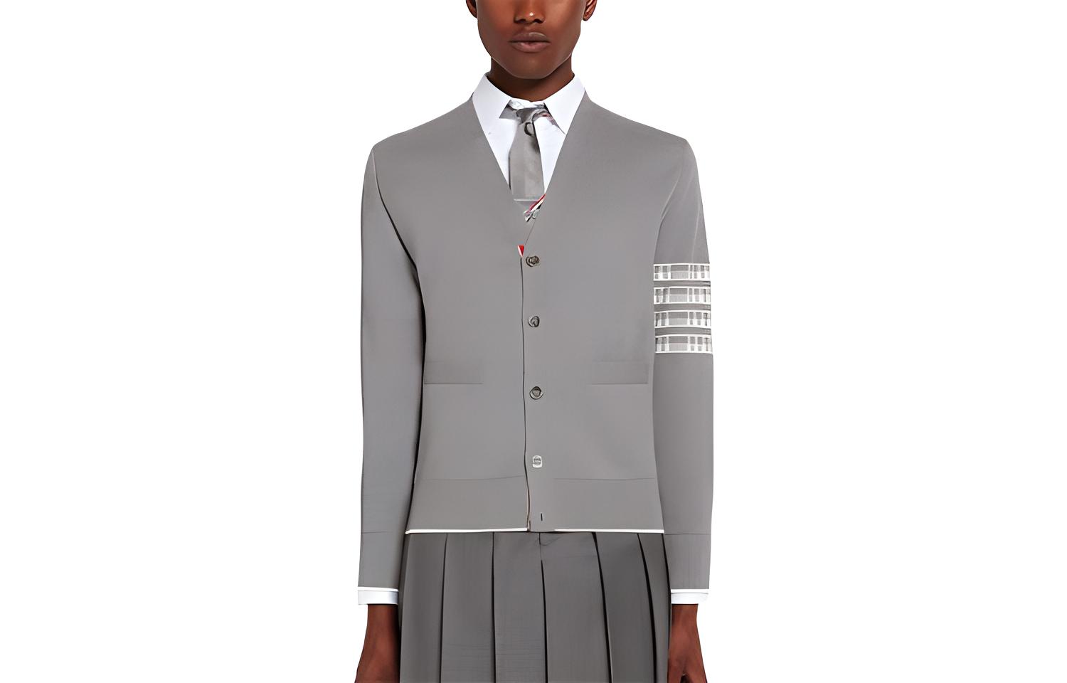 THOM BROWNE SS22  Light Grey V-Neck Knit Sweater with 4-Bar Jacquard Back. MKC386A-Y3006-055