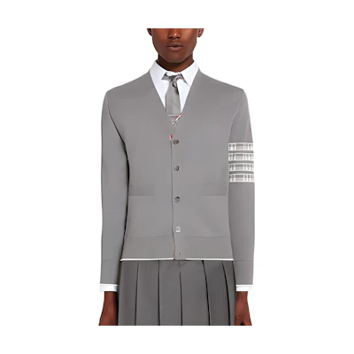 THOM BROWNE SS22 Light Grey V-Neck Knit Sweater with 4-Bar Jacquard Back. MKC386A-Y3006-055