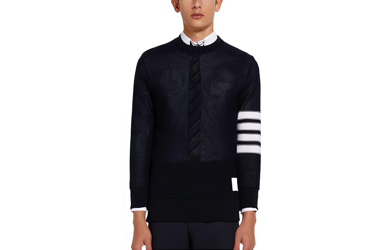 THOM BROWNE SS22  Navy 4-Bar Stripe Knit Pullover Sweater. MJT305-A07897-415