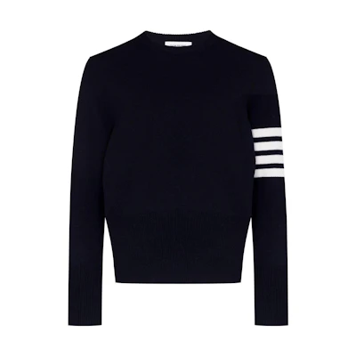 THOM BROWNE SS22 Navy 4-Bar Striped Wool Pullover Sweater. MKA317A-Y1026-415
